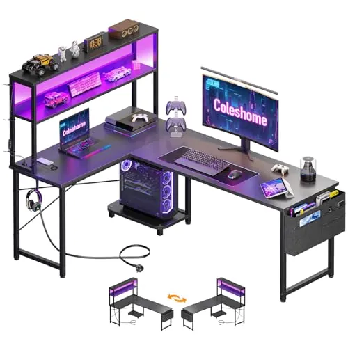 Coleshome Escritorio Gaming Esquinero con LED, 155x100cm, Negro
