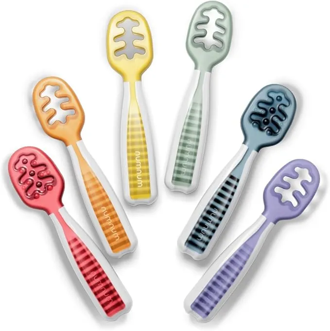 NumNum GOOtensils Cucharas Bebé Aprendizaje - Etapa 1+2 Precucharas de Silicona Bebé 6+ Meses - Autoalimentación BLW Cubiertos Bebé - Baby Led Weaning - Libre de BPA - Pack 6 (Arcoíris)