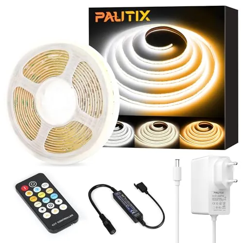 PAUTIX COB CCT LED Tira de luces blanco sintonizable, 3M regulable 2700K-6500K 24V Kit de luces de cinta LED, superbrillante para dormitorio, cocina, dormitorio, TV, espejo, iluminación de bricolaje