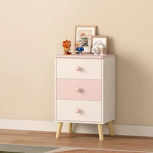[en.casa] Mesita de Noche Infantil Sandnes Cajonera Mesa Auxiliar para Niños con 3 Cajones Pomo en Forma de Corazón para Habitación Infantil Sala de Juegos MDF/Pino 62 x 38 x 30 cm - Blanco/Rosa