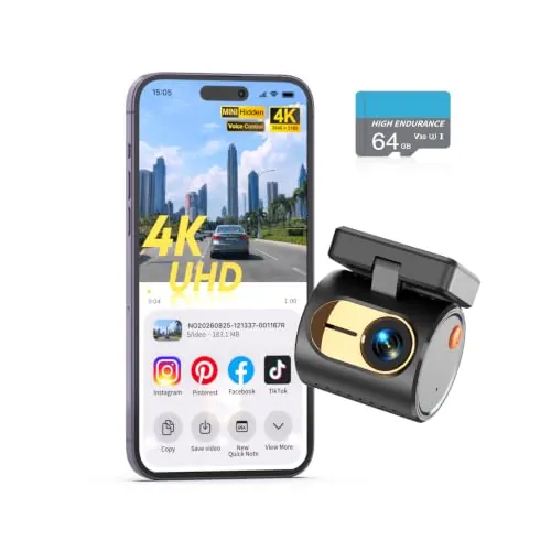 KAWA 4K Mini Dashcam, Control Voz, WiFi, Loop, Coche | 2160P UHD, Sensor G, Giro de 180°, Tarjeta TF de 64 GB gratis, Control por APP, WDR/3D DNR, Súper Visión Nocturna, Monitor de