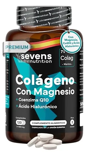 Colágeno Hidrolizado Puro con Magnesio Ácido Hialurónico y Coenzima Q10 | Colageno Marino para Huesos, Articulaciones y Piel - Con Vitaminas A, C, D3, B12 y Zinc - 120 Cápsulas - Sevens