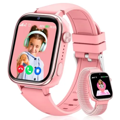 Reloj Inteligente Niño con Videollamada, 4G Smartwatch Niño con GPS y Llamadas, SOS, Chat de Voz, Modo Escuela, Podómetro, Despertador, Monitor de Sueño IP68 Impermeable Regalo para Niños Niñas, Rosa