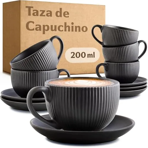 Cosumy Juego de Tazas de Café Capuchino 200 ml Negro – 6 Tazas con Plato