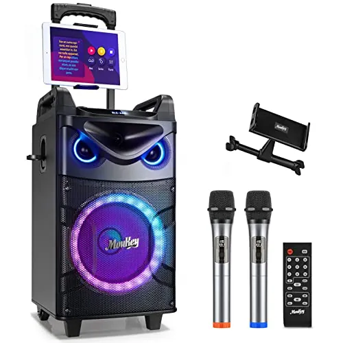 Moukey Máquina de Karaoke, Sistema PA de subwoofer de 10 Pulgadas, Altavoz Bluetooth con 2 micrófonos inalámbricos, Soporte para Tableta, Luces de Discoteca, Control Remoto, Ruedas, soporta Ajuste de