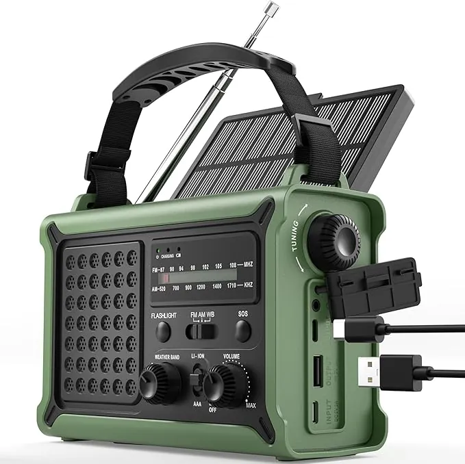 ROCAM Radio Solar de Emergencia con Manivela 12000mAh, Transistor Portátil Am/FM con Dinamo 650mA y Panel Solar 8500mm², Linterna LED, Luz de Lectura, USB, Alarma SOS – para Camping y Cortes de Luz