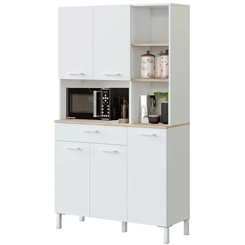 Habitdesign Mueble Auxiliar Cocina 5 Puertas + 1 Cajón, Modelo Kira, Acabado Blanco Artik y Roble Canadian, Medidas: 186 cm (Alto) x 108 cm (Ancho) x 40 cm (Fondo)