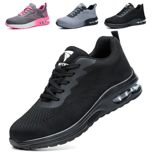 WUAYAMI Zapatos De Seguridad Hombre Mujer Zapatillas de Trabajo Ligeros Calzado de Seguridad con Puntera de Acero Calzado De Trabajo Comodo Transpirables, Negro, 36 EU