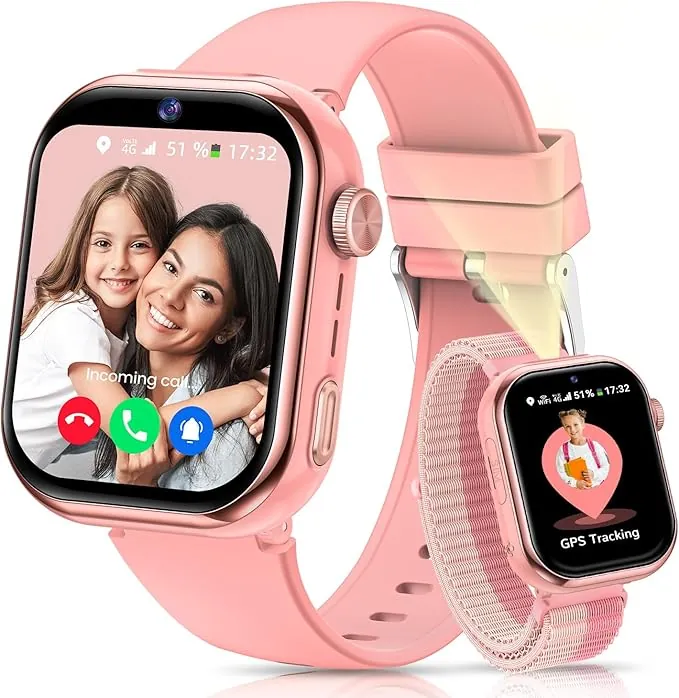 4G Reloj Inteligente Niña, 1.83'' HD Smartwatch Niñas con GPS y Llamadas, Videollamadas, Chat de Voz, Modo Escuela, Doble Cámara, Monitor de Sueño, Podómetro, Despertador IP68 para Niñas Niños Rosa