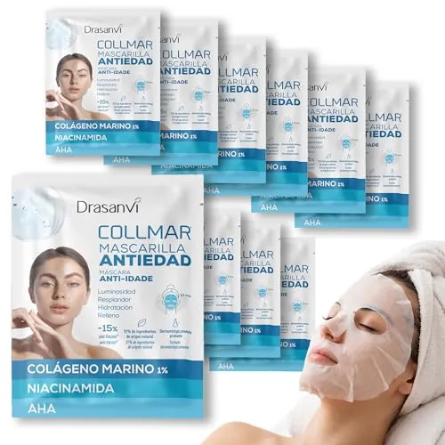 Mascarilla Facial Antiedad con Colágeno Marino, Niacinamida, Ácido Hialurónico y AHA - Hidratación Intensa, Firmeza, Elasticidad y Luminosidad - Drasanvi Collmar 22 ml x 10 Unidades