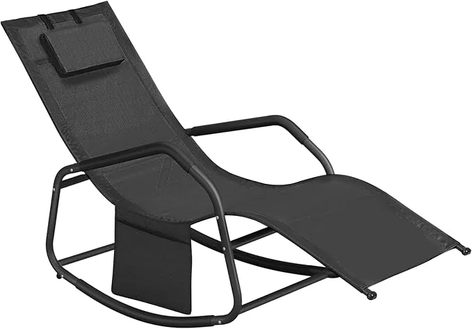 SONGMICS Mecedora, Silla Tumbona, con Dispositivo de Fijación, Cojín Ajustable, Marco de Acero, Tela Transpirable, Bolsillo de Almacenaje, 151 x 56,2 x 97,3 cm, Negro Tinta GCB230B01