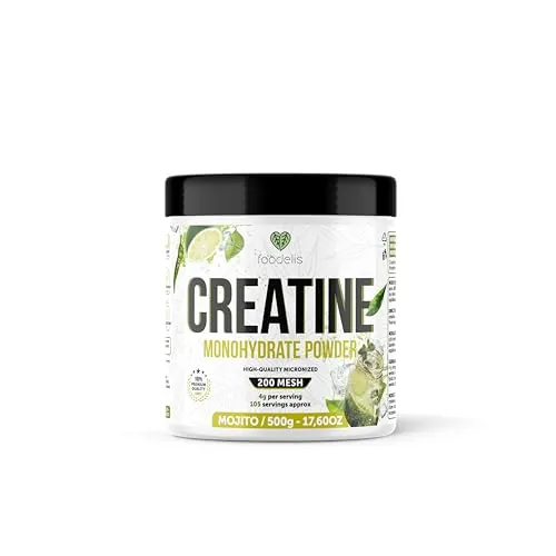 Foodelis Creatina Monohidratada en Polvo 500 g – Sabor Mojito – 100% Creatina Micronizada – Alta Pureza – Sin Aditivos – Vegana – Alta Solubilidad – Incluye Dosificador