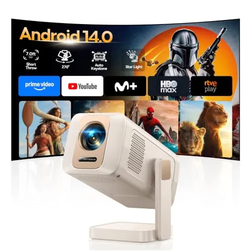 Proyector Portátil【Android 14.0/App Integrada】 Mini Proyector Inteligente, Corrección Trapezoidal Automática, WiFi 6 Bluetooth 5.4, Giro 270°, Control por App, Projector Portable Cine en Casa