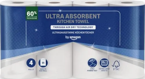 by Amazon Rollo de Cocina TAD Ultraabsorbente, 4 Rollos (Paquete de 1), 51 Hojas por Rollo