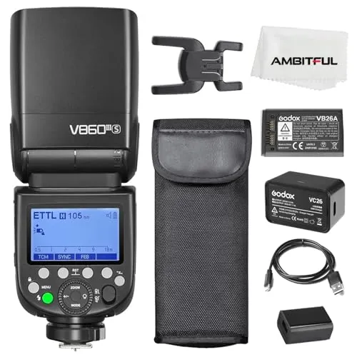 Godox V860IIIS TTL 2.4G GN60 HSS Camera Flash with 10-Speed Adjustable Modeling Light, TTL+2600 mA One-Button Switch, Speedlite with Extremely Fast Recovery Lithium Battery (Godox V860III-S)