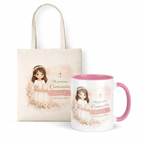 Kembilove Regalo Primera Comunión Personalizado – Taza y Bolsa de Tela Tote Bag con Nombre o Caricatura – Detalle para Niño o Niña – Recuerdo Original (Niña)