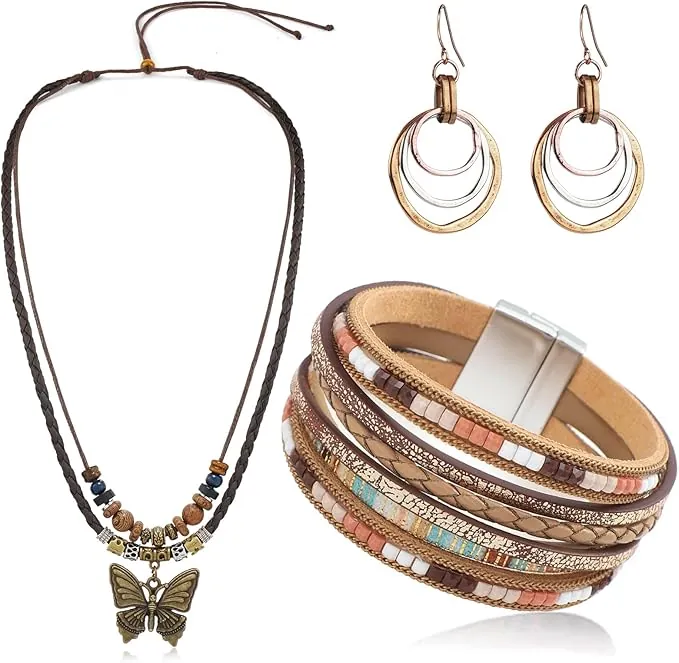 MWOOT Juegos de Joyas Bohemia para Mujeres, Pulseras de Cuero Bohemio Multicapa, Vintage Collar Colgante de Mariposa Cuentas de Madera, Boho Pendientes Colgantes de Círculo
