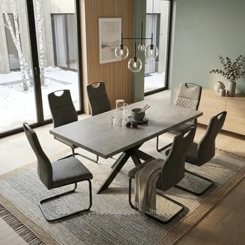 Juego de 6 mesas de Comedor Extensibles, 130 x 170 cm, 6 sillas de Tela, Tablero Rectangular de MDF de Cemento, Estilo Moderno y contemporáneo para Comedor y Cocina