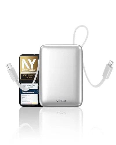 VINKO Power Bank 20000mAh, Bateria Portatil Carga Rapida, Cargador Portátil con Cable Carga Integrado USB C ＆A, Powerbank Pantalla LED 22.5W para iPhone 18/17/16/15/14 Serie, Samsung, Xiaomi - Blanco