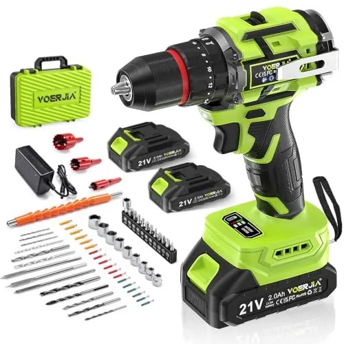 VOERJIA Taladro Percutor a Batería 21V, Taladro Atornillador Eléctrico con Motor Brushless, 2 Baterías 2000mAh, 65Nm Par Máx, 20+3 Ajustes, 2 Velocidades, Mandril 10mm, LED, 46 Accesorios, Maletín