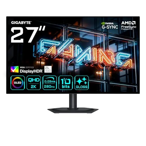 GIGABYTE MO27Q28GR Monitor Gaming WOLED Brillante 27” QHD - 2560 x 1440, 280Hz, 0.03ms, 335 CD/m², Display HDR True Black 500, HDMI 2.1, DisplayPort 1.4