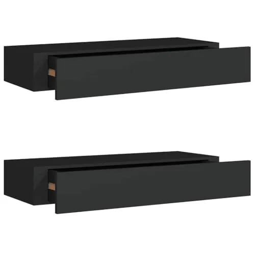 vidaXL 2X Estantes con Cajón de Pared Armario Estante Estantería Flotante Salón Sala de Estar Libros Marco de Foto Negro MDF 60x23,5x10cm