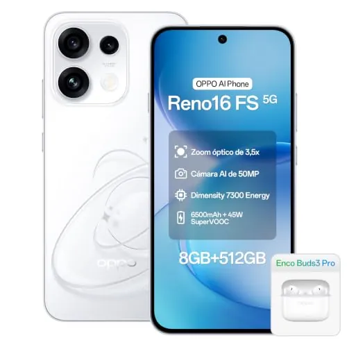 OPPO Smartphone Reno16 FS 5G, 8 GB de RAM + 512 GB, Blanco Pop | Pantalla de 6,57 pulgadas a 120 Hz, cámara selfie ultra gran angular de 50 MP, protección IP69K, smartphone 5G libre