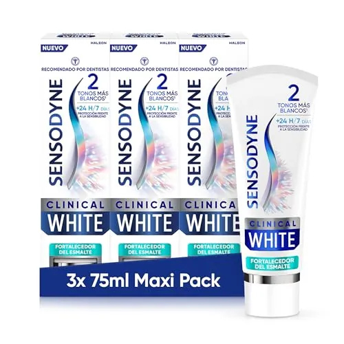 Sensodyne Clinical White Fortalecedor de Esmalte, Pasta de Dientes Blanqueante Sensodyne, Sabor a Menta, Protección Frente a la Sensibilidad, Pack de 3x75 ml