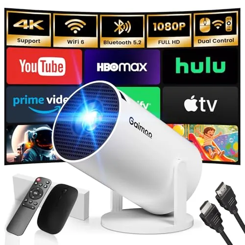 [2026 Modelo & App integrada] Proyector Portátil Soporte 4K 1080P Mini Proyector Dual Control con Ratón WiFi 6 BT5.2 Auto Keystone 180° Rotation Compatible con HDMI/TV Stick/USB/Laptop, Blanco