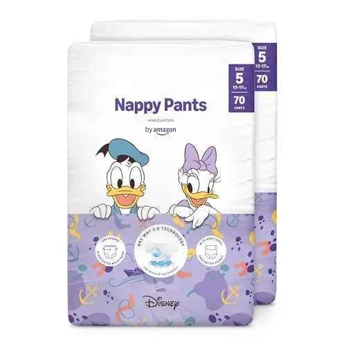 by Amazon pañales de aprendizaje Disney, talla 5 (de 12 a 17 kg), 140 unidades (2 paquetes de 70), blancos, paquete mensual (anteriormente de la marca Mama Bear, mismo producto)