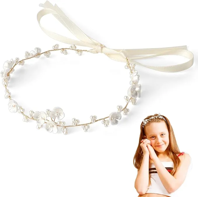 Accesorios para el cabello para comunión y niña, corona de flores, diadema de princesa con perlas, diadema de flores, corona de pelo con cinta, adecuado para novia, mujer, accesorio de