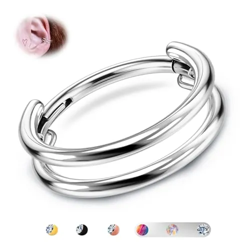 BodyBonita G23 Titanio Pendientes de Cartílago Aro 16G Anillos de Septo Doble Joyería para Piercing de Concha Tragus Daith Helix Aros para Mujer Plata 8mm