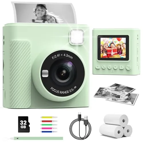 TIATUA Cámara Fotos Infantil Instantánea, 2,4" Selfie 1080P, Verde