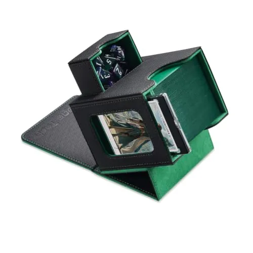 Mage Tech Caja de Mazos Commander para MTG - Diseño Patentado, Exhibición de Commander, Apta para 100 Cartas con Doble Funda, Soporte Magnético de Cartas de 35pt & Bandeja para Dados - Negro/Verde
