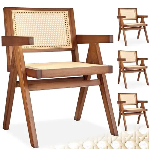 tectake® Sillón de Comedor con Reposabrazos, Ratán Vienés, Madera, Set 4
