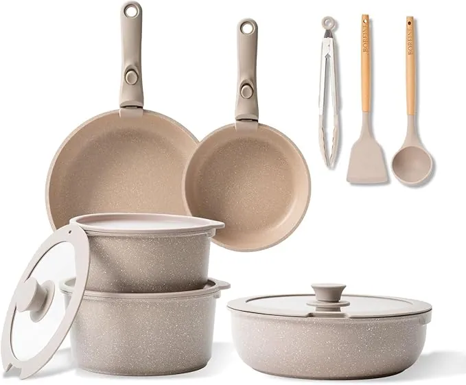 BOREINE Juego de Ollas y Sartenes 14 Piezas, Batería de Cocina Antiadherente, Mango Desmontable, Apta para Inducción, Gas, Vitrocerámica y Horno, No Tóxico Sin PFOA, Marrón