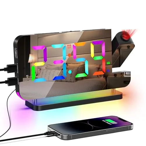 Lancoon Proyección Reloj Despertador Colorido Reloj Despertador con Radio Espejo Superficie con 11 RGB Color Pantalla 10 Color Luz de Noche LED Reloj de Escritorio para Dormitorio Casa Negro