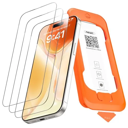 NEW'C 3 Piezas, Protector de pantalla Cobertura total para iPhone 15 Pro 6,1 pulgadas [Instalación Automática], Cristal Vidrio Templado - Ultra Resistente - Efectivo contra Rayones