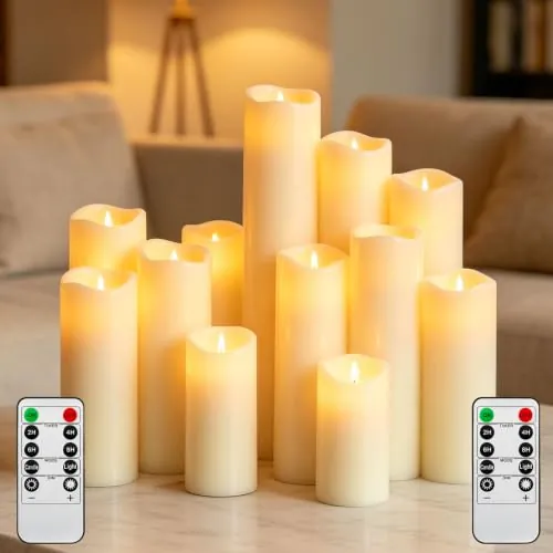 Da by 12 Velas LED Marfil con Llama Interna Parpadeante Realista, Luz Cálida, 1 Mando, Cera Natural, 6 Tamaños Surtidos, Reutilizables y Ecológicas para Decoración Hogar, Bodas y Eventos