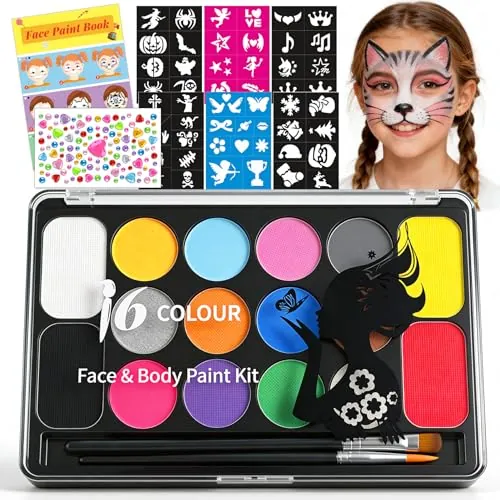 Mekkyes Pintura Cara Niños - 16 Colores Pintacaras Infantil con 4 Colores Grandes, 52 Plantillas y 2 Pinceles - Hipoalergenica Pintura Facial para Halloween Carnaval Fiestas Cosplay Semana Santa