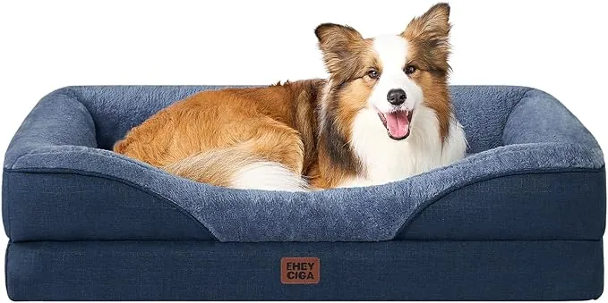 EHEYCIGA Cama Ortopedica y Viscoelastica para Perro L Plus 104.1x68.6x18.9 cm, Memory Foam Sofa para Perros Lavable, Cama Gato Suave, Azul Marino