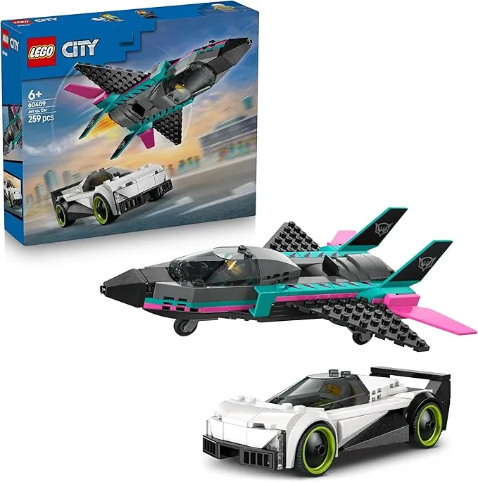 LEGO City Jet vs. Coche de Juguete - Kit de Maquetas de Avión, Supercoche de Carreras y Minifiguras de Piloto y Conductor - Regalo de Cumpleaños para Niños de 6+ Años - 60489