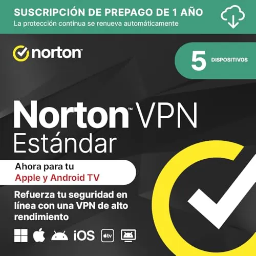 Norton VPN Estándar 2026 |VPN ilimitada 5 Dispositivos| 1 año de suscripción con renovación automática| Descarga digital