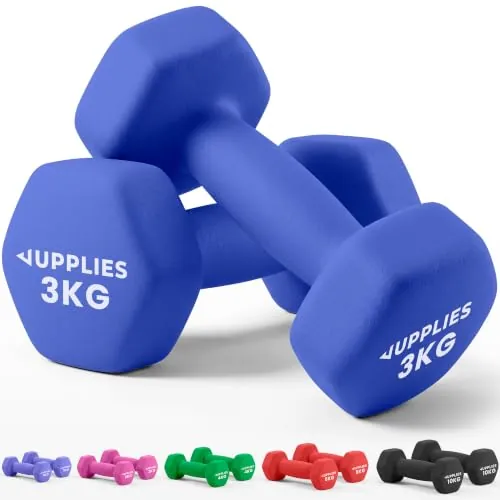 JUPPLIES Juego de Pesas y Mancuernas de Neopreno (3kg, Pack de 2) | Diseño compacto, Anti-Rodamiento y Antideslizantes - Ideal para Entrenamiento en Casa