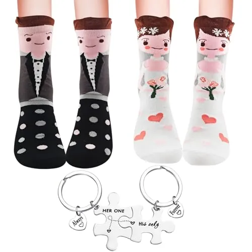 Luyuttn 2 Calcetines de Boda Para Hombres y Mujeres con Llavero de Rompecabezas Lindos Para Parejas Regalo Divertidos Para Recién Casados Regalos de Boda para los Novios