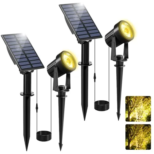 NATPOW Focos Solares Exterior, 2 Paquetes 3000K Luz Solar Exterior, Impermeable IP65, 2 Niveles de Brillo de Crepúsculo a Amanecer Iluminación para Patio, Terreza, Sendero