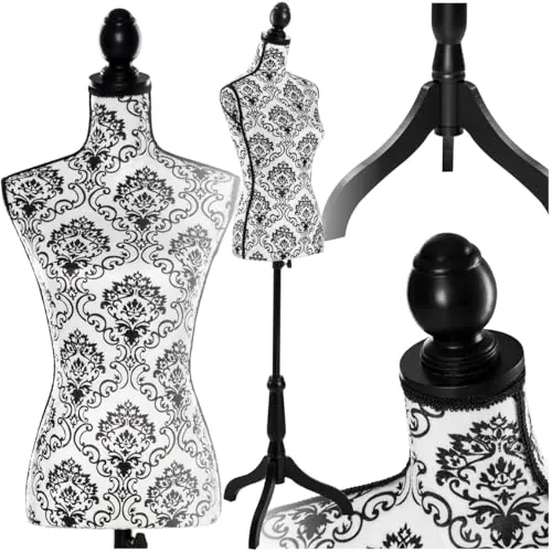 tectake® Busto Maniqui Femenino de Espuma Plástica con Soporte de Madera, Ideal para Costurero, Maniqui Costura Ajustable, Montaje sin Tornillos - 77 x 38 x 168 cm Patrón Floral Blanco/Negro