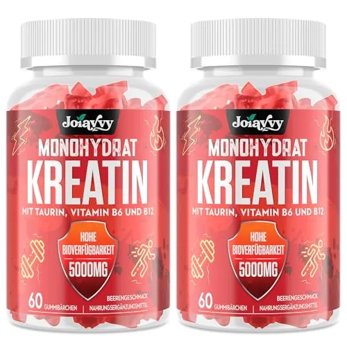 Gominolas de Creatina Monohidrato, 5000 mg de Creatina Monohidratada por cada Dosis, Potenciador Preentrenamiento, Más Práctico que el Polvo, Sabor a Bayas, Vegano (60 Unidad (Paquete de 2))