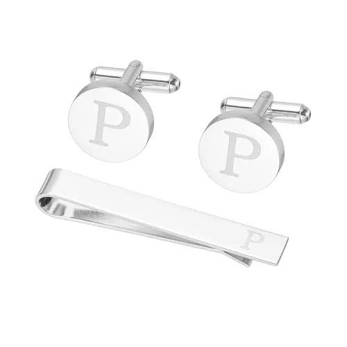 PATIKIL Gemelos Para Hombre, Clip Para Corbata Con Iniciales Y Juego De Gemelos Para Hombre Clásicos De Cobre Personalizados Con Letra P (Color Plateado)