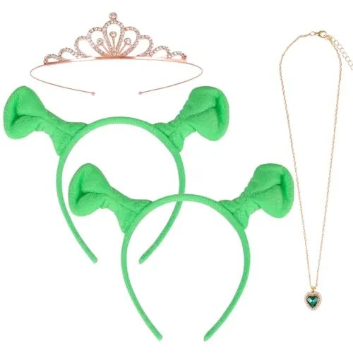 Hifot 4 Piezas Diadema Ogro Verde Mujer Hombre Diadema con Orejas Collar Corazon de Cristal Diadema Corona Princesa Halloween Accesorios Pelo Mujer para Fiesta Cosplay Carnaval Disfraz